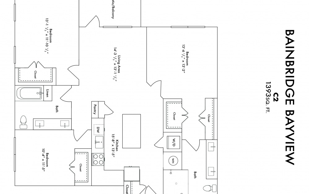 C1 - 3 bedroom floorplan layout with 2 baths and 1393 square feet. (2D)