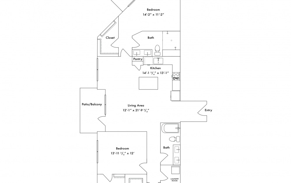 C2 - 3 bedroom floorplan layout with 2 baths and 1702 square feet. (2D)