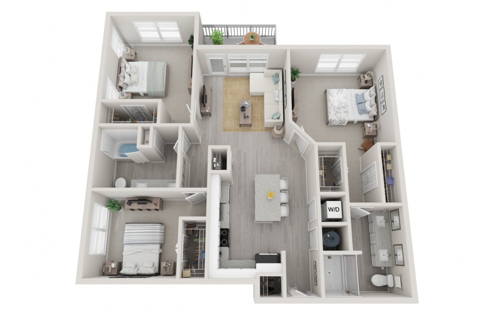 C1 - 3 bedroom floorplan layout with 2 baths and 1393 square feet. (3D)