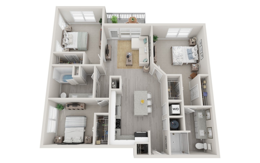 C1 - 3 bedroom floorplan layout with 2 bathrooms and 1393 square feet (3D)